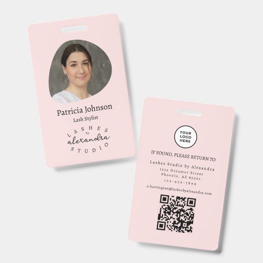 Rosa-Schwarzes-Script-Foto-QR-Wimpern-Personalabze Ausweis (Vorder- & Rückseite)