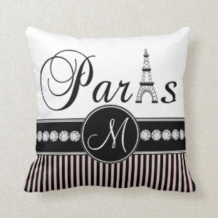 Rosa Schwarzes Stripes Paris-Monogramm-Kissen Kissen