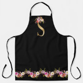 Rosa Schwarzes Watercolor Floral Gold Ton Monogram Schürze (Vorderseite)