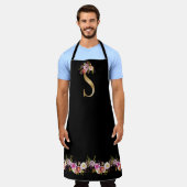 Rosa Schwarzes Watercolor Floral Gold Ton Monogram Schürze (Getragen)