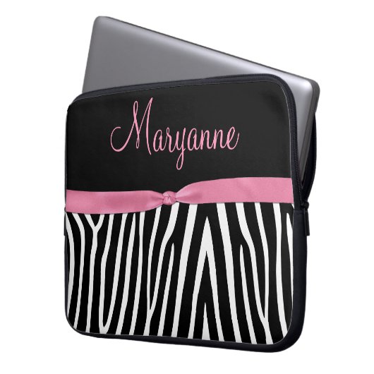Rosa schwarzes Zebra-Rosa-Band-Monogramm Laptopschutzhülle (Vorderseite Links)