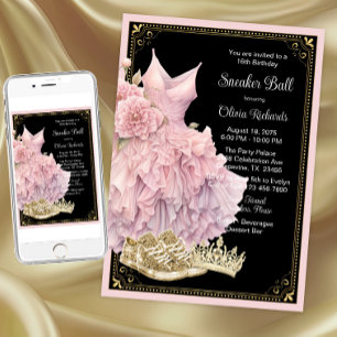 Rosa Schwarzgold-Sneaker-Ball-Geburtstagsfeier Einladung