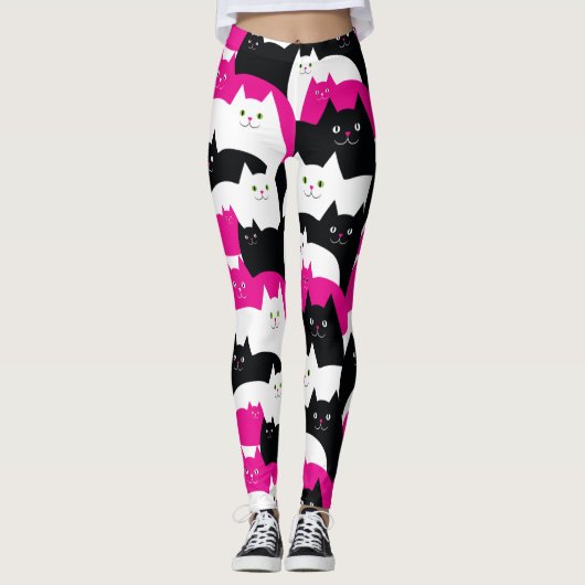 Rosa Schwarzweiss-Miezekatze-Katzen Leggings (Vorderseite)