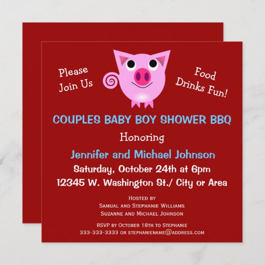 Rosa Schwein GRILLEN Paar-Baby-Duschen-Junge oder Einladung (Vorne/Hinten)