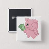 Rosa Schwein hält Bargeld und gibt Daumen hoch Button (Vorne & Hinten)