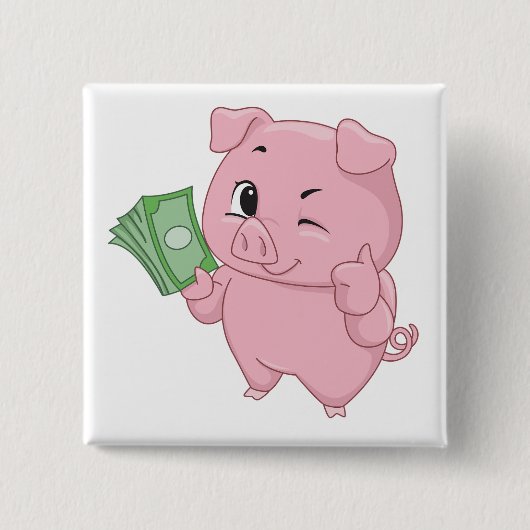 Rosa Schwein hält Bargeld und gibt Daumen hoch Button (Vorderseite)