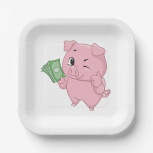 Rosa Schwein hält Bargeld und gibt Daumen hoch Pappteller
