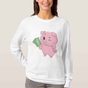 Rosa Schwein hält Bargeld und zeigt Daumen hoch T-Shirt