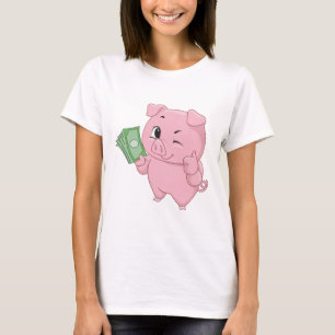 Rosa Schwein hält Bargeld und zeigt einen Daumen h T-Shirt