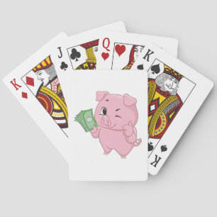Rosa Schwein mit Geld hält Daumen hoch Spielkarten