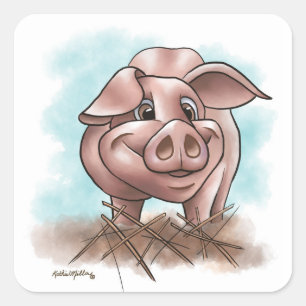 Rosa Schweinchen im Stroh Cartoon Quadratischer Aufkleber