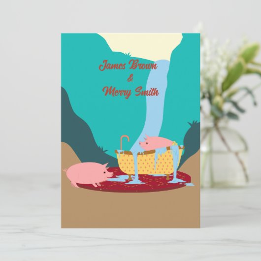 Rosa Schweine Wasserfall Teppichboden Badewanne Ho Einladung (Stehend Vorderseite)