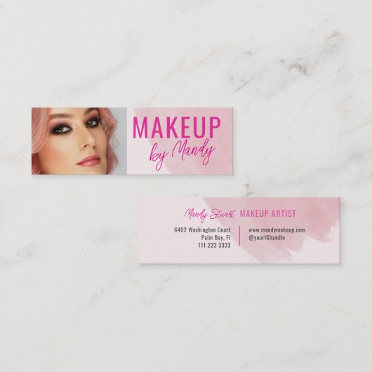 Rosa Script Foto Wasserfarbe Make-up Mini Visitenkarte (Vorne/Hinten)