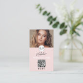 Rosa Script-Logo QR-Code Foto Wimpern Studio Visitenkarte (Stehend Vorderseite)