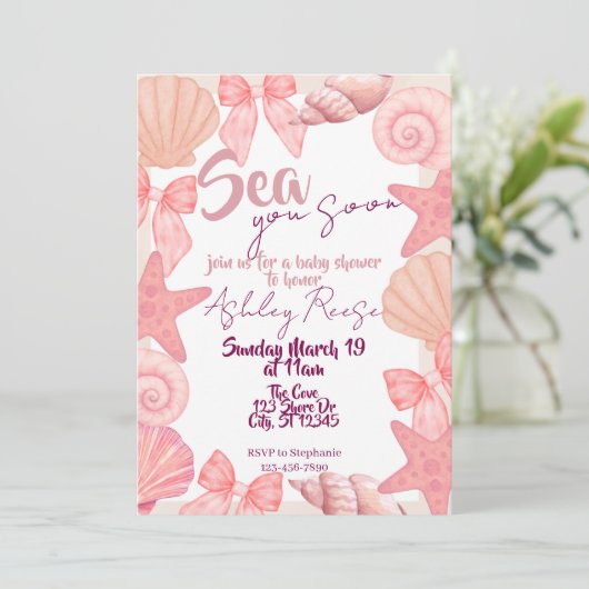 Rosa "Sea you soon" Kinderdusche Einladung (Stehend Vorderseite)