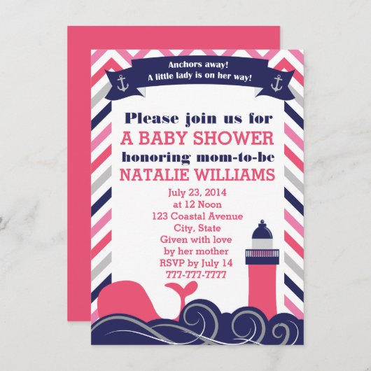 Rosa SeeBabyparty oder besprühen Mädchen Einladung (Vorne/Hinten)