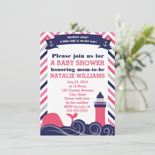 Rosa SeeBabyparty oder besprühen Mädchen Einladung (Stehend Vorderseite)