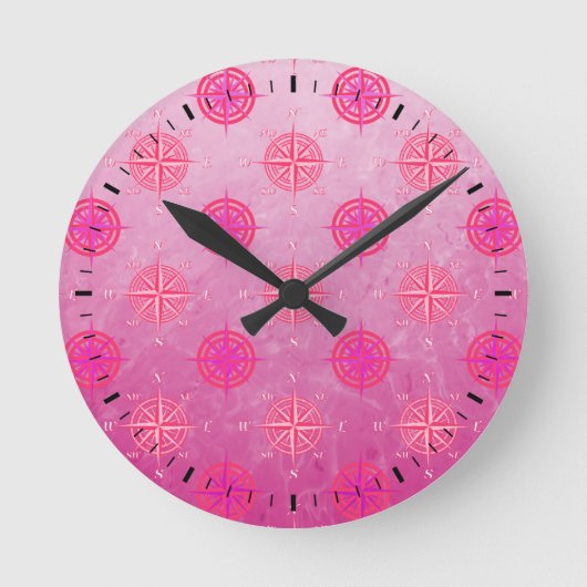Rosa Seekompass-Rose Runde Wanduhr (Vorderseite)