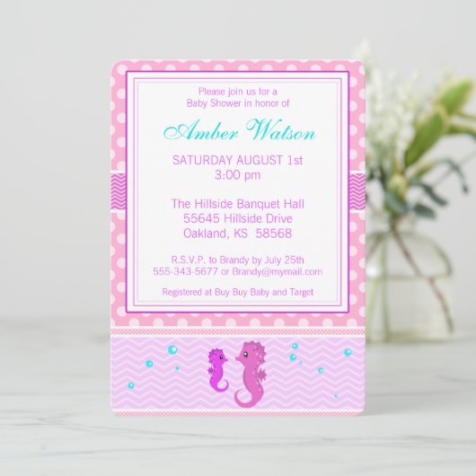 Rosa Seepferd Kinderdusche Einladung (Stehend Vorderseite)