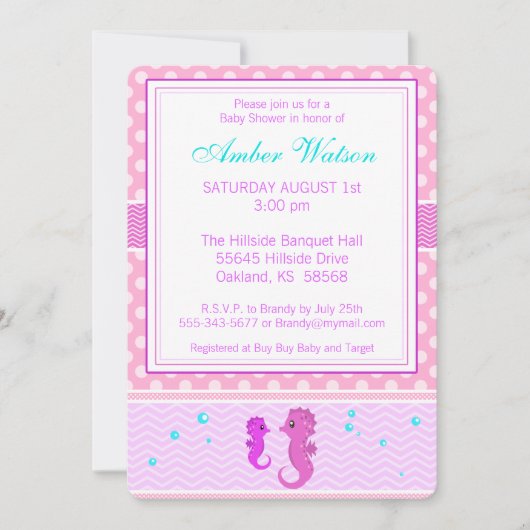 Rosa Seepferd Kinderdusche Einladung (Vorderseite)