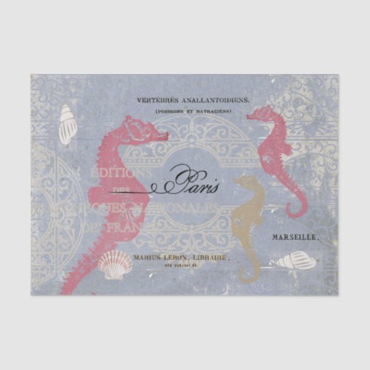 Rosa Seepferd Meer Muschel Blau Französische Deko Seidenpapier (Vorderseite)