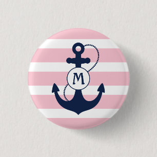Rosa Seestreifen mit Anker-Monogramm Button