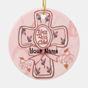 Rosa Segne Dieses Kind Christliches Kreuz-Ornament Keramik Ornament
