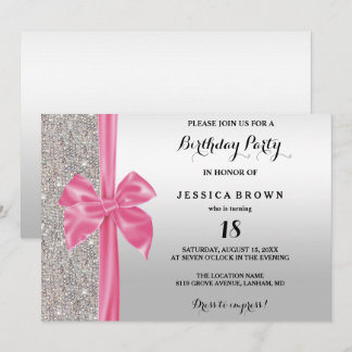 Rosa Seidenbow Silver Sequins 18. Geburtstag Einladung