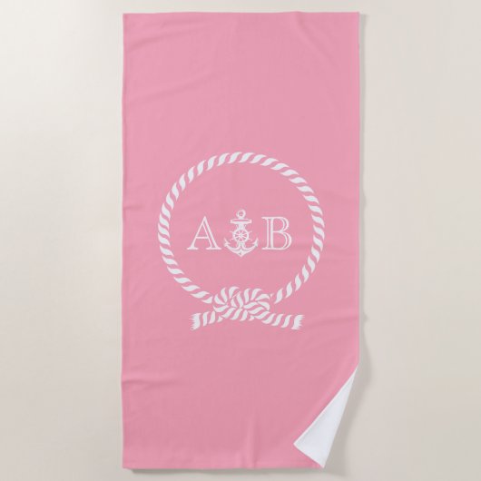 Rosa Seile und Anker Mit Monogramm Strandtuch (Vorderseite)