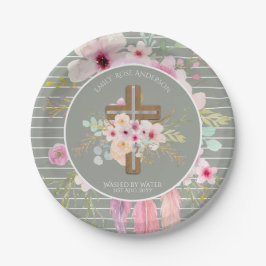 Rosa Seite Blumenkreuz Mädchen Taufe Blume Hübsch Pappteller