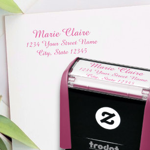 Rosa Selbstfarbige Briefmarke mit Name und Anschri Permastempel