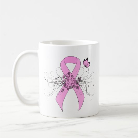 Rosa Sensibilisierungsband mit Schmetterling Kaffeetasse (Links)