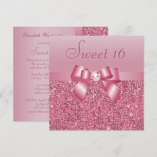 Rosa Sequinen, Bow & Diamond Sweet 16 Einladung (Vorne/Hinten)