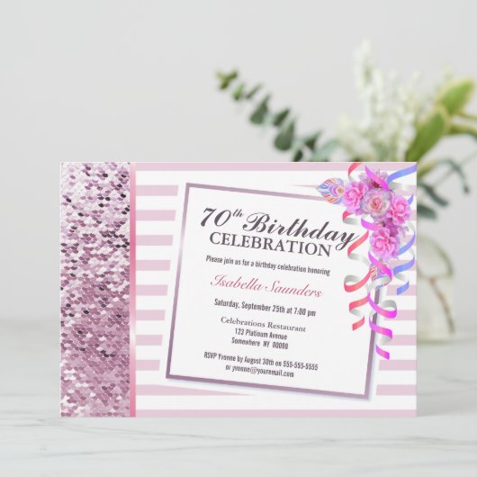 Rosa Sequins 70. Geburtstag Einladung (Stehend Vorderseite)