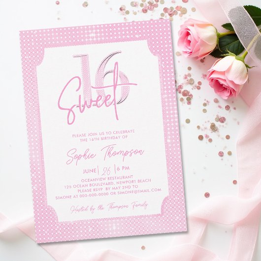 Rosa Sequins Elegante Frame Calligrafy Sweet 16 Einladung