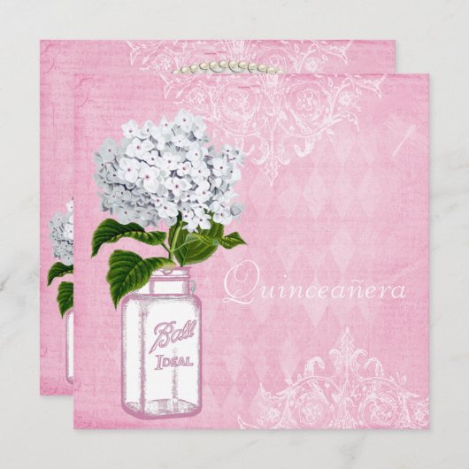 Rosa Shabby Chic-Glas u. Hydrangea Quinceanera Einladung (Vorne/Hinten)