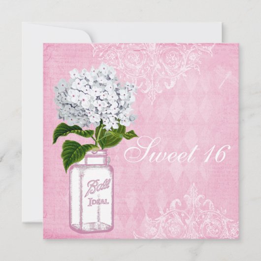 Rosa Shabby Chic Jar & Hydrangea Süß 16 Einladung (Vorderseite)