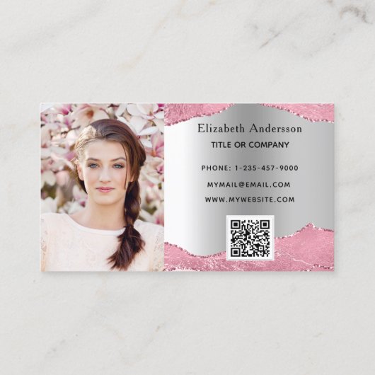 Rosa silber-agate Marmor QR-Code Foto Visitenkarte (Rückseite)