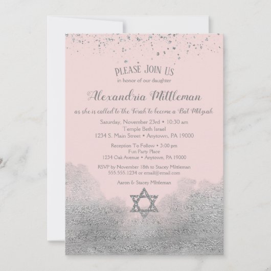 Rosa Silber Bat Mitzvah Einladung (Vorderseite)
