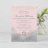 Rosa Silber Bat Mitzvah Einladung (Stehend Vorderseite)