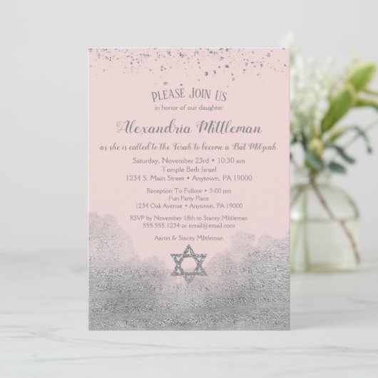 Rosa Silber Bat Mitzvah Einladung (Stehend Vorderseite)