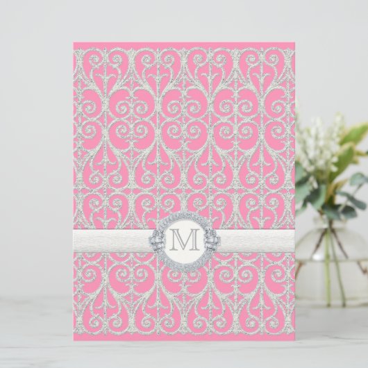 Rosa Silber, Diamanten & Spitzen, Mit Monogramm Ho Einladung (Stehend Vorderseite)