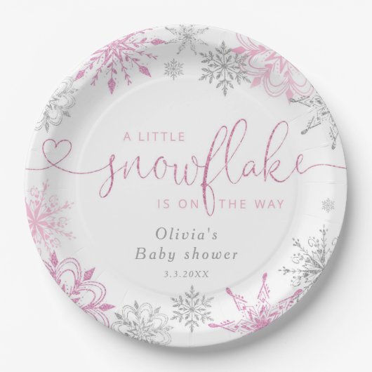 Rosa Silber Eine kleine Schneeflocke Babydusche Pappteller (Vorderseite)