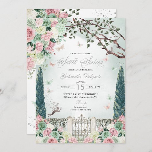 Rosa Silber Fairy Enchanted Garden Sweet 16 Einladung (Vorne/Hinten)