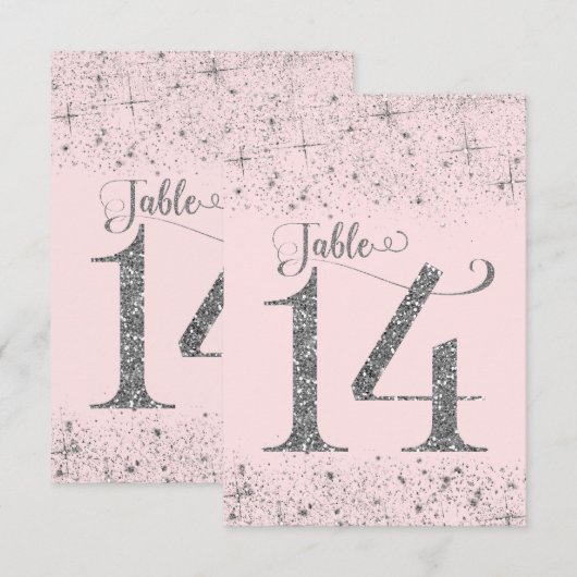 Rosa Silber Glitter-Tischzahlen Nummer 14 Einladung (Vorne/Hinten)