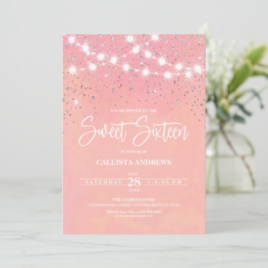 Rosa Silber Glitzer Glitzern Lights Sweet 16 Einladung (Stehend Vorderseite)