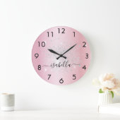 Rosa silber-Glitzer-Namensskript glamourös Große Wanduhr (Zuhause)
