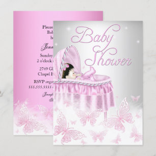 Rosa & Silber Glitzer Schmetterling Mädchen Baby S Einladung