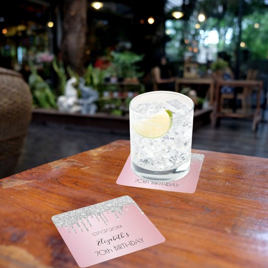 Rosa silber Glitzer Tropfen Geburtstag Rechteckiger Pappuntersetzer