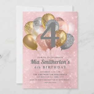 Rosa Silber Gold Luftballons Mädchen 4. Geburtstag Einladung